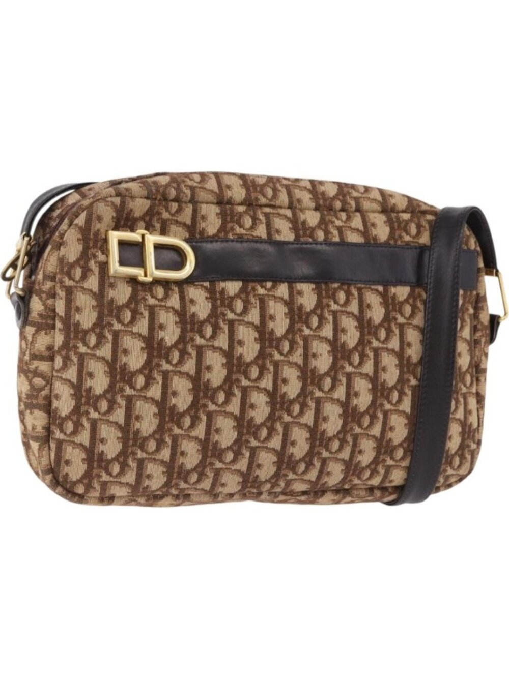 Christian Dior Trotter Canvas Shoulder Bag Brown Gold Tone